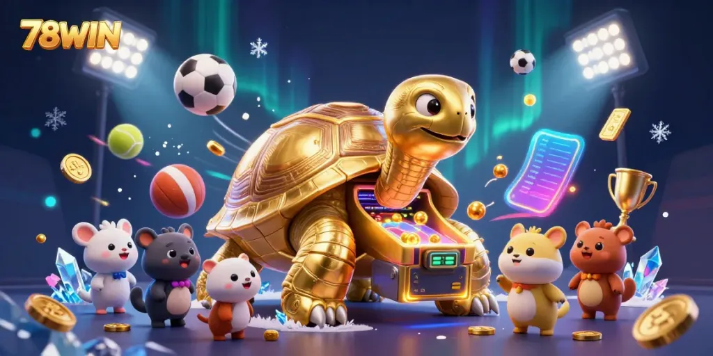 78WIN features a golden tortoise pinball machine with excited animals and dynamic sports elements, showcasing a vibrant casino scene.
