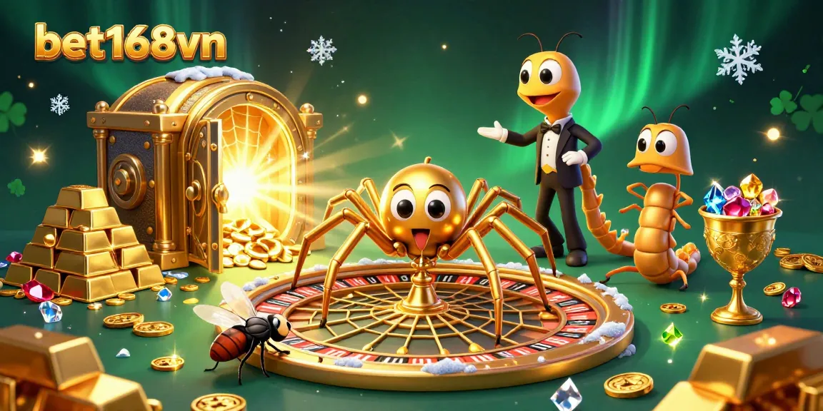 Engage in thrilling bets at bet168vn with golden spider and centipede croupier in a rich casino scene.