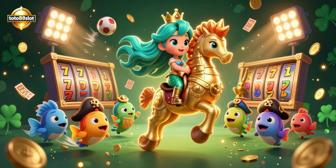 Toto88slot showcases vibrant 3D casino themed scene with a mermaid, seahorse, and dynamic slot game elements.
