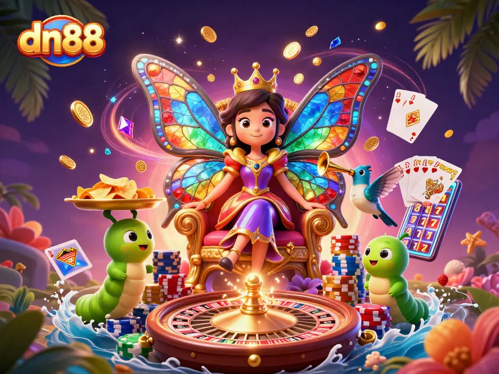 Engage in thrilling gameplay with dn88's vibrant casino atmosphere featuring a butterfly queen.