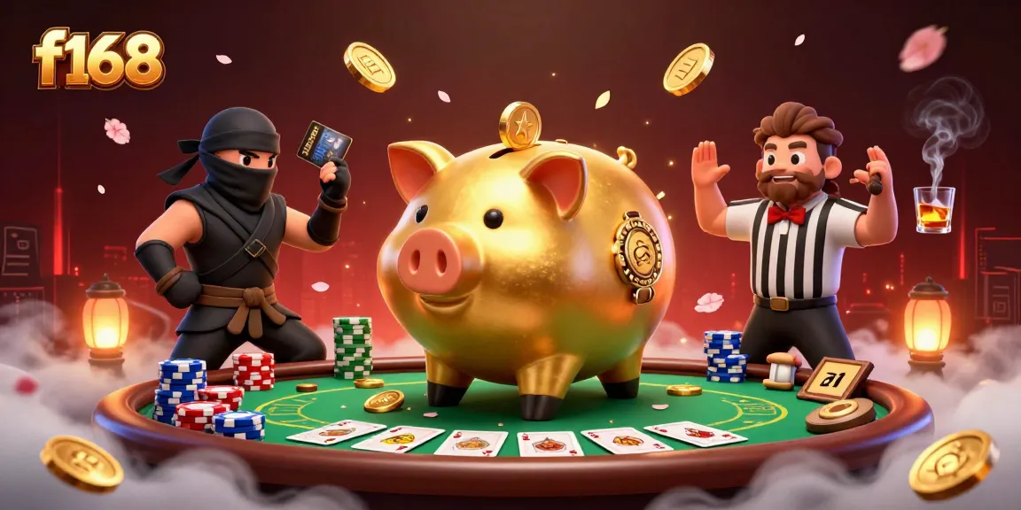 Engage with f168's thrilling casino ambiance where a golden piggy bank wrestler stomps amidst dynamic gaming elements.