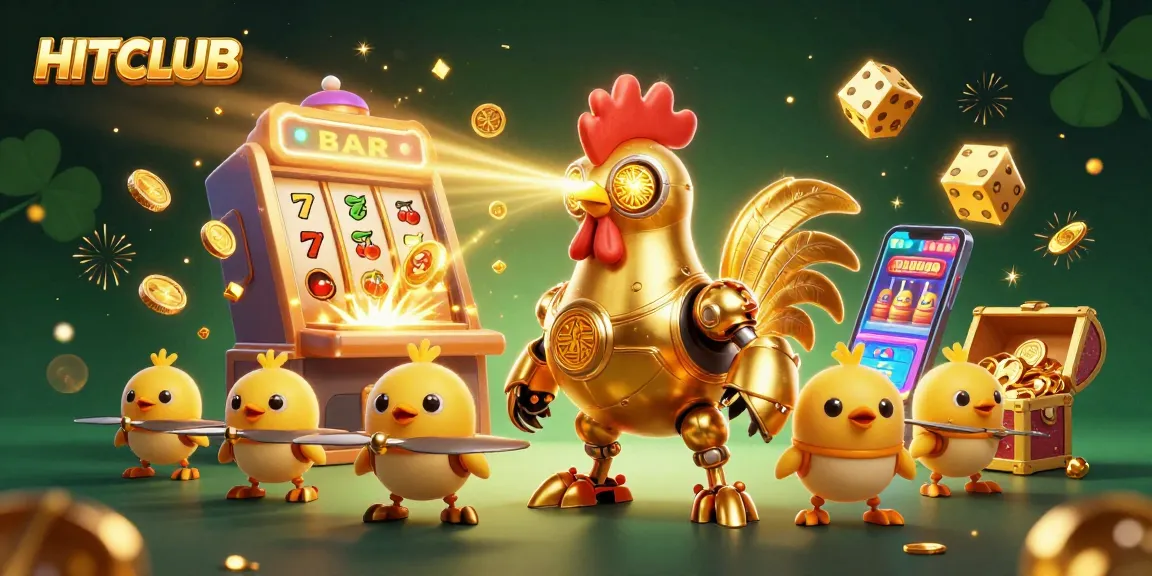 Engage with HITCLUB's exciting slot machines and vibrant gameplay environment, featuring golden elements and lively characters.