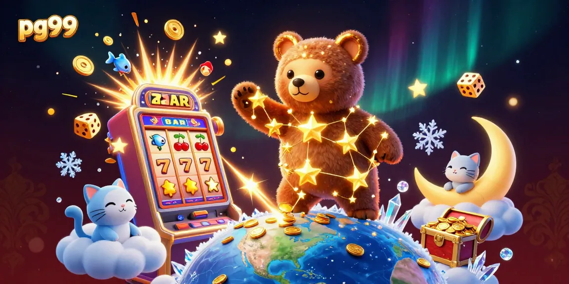 Experience the thrill of pg99 slots with a dazzling 3D illustration bursting with colorful game elements.