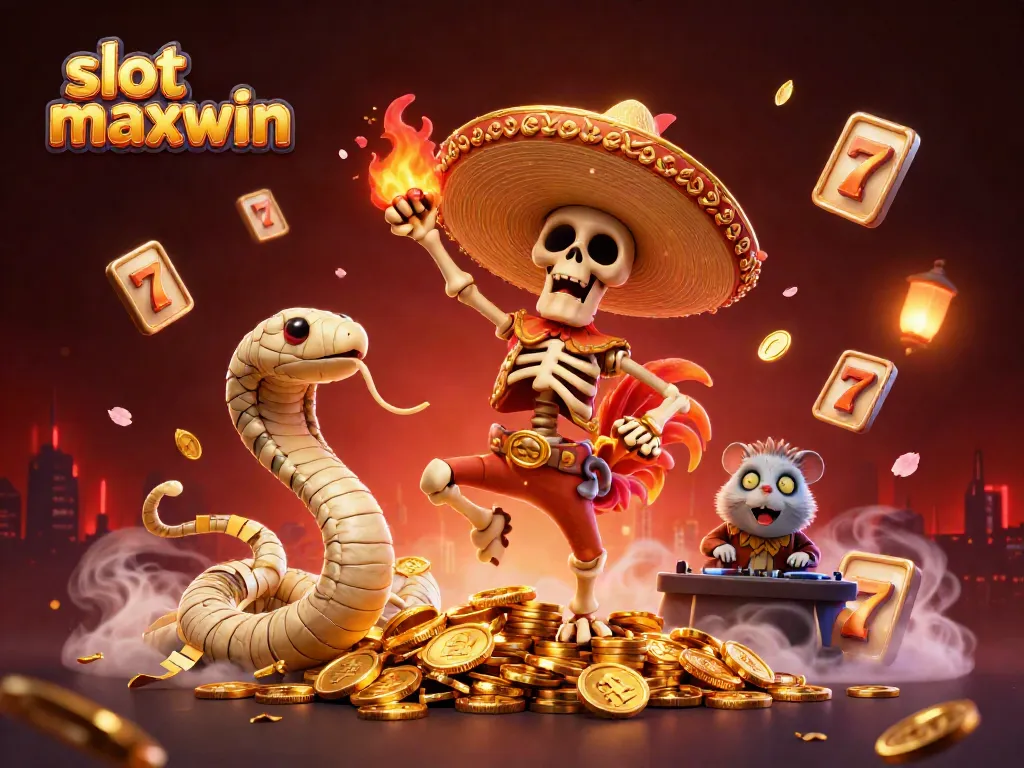 Experience slot maxwin excitement with a dynamic scene of a mariachi rooster celebrating amidst spinning reels and golden coins.