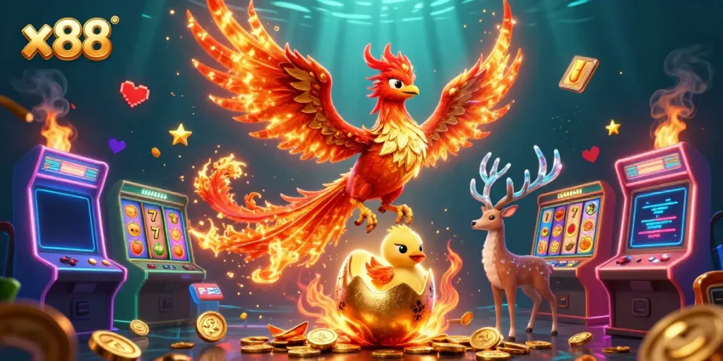 Engage in x88 online slots with a dynamic scene featuring a phoenix, gaming elements, and energy.