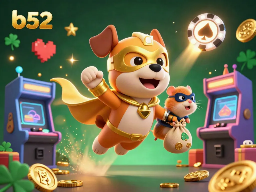 Catch the action as the b52 superhero dog and hamster soar through a vibrant casino world filled with gold coins and gaming excitement.