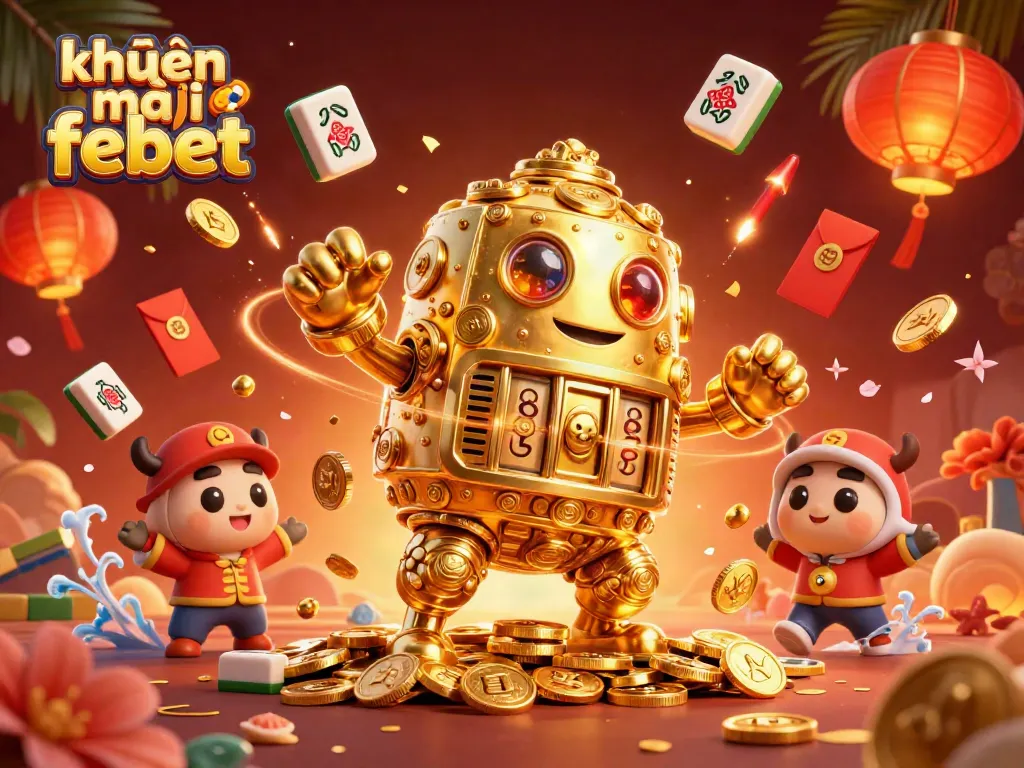 Engage with khuyến mãi febet through this vibrant 3D casino scene featuring a golden golem and gaming elements.