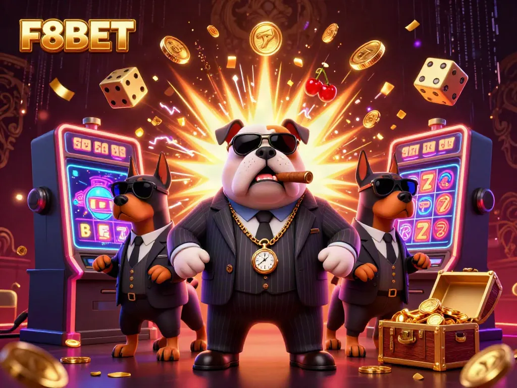 Experience the thrills of F8BET with a lively scene of a mafia bulldog boss and Doberman bodyguards amidst explosive casino elements.
