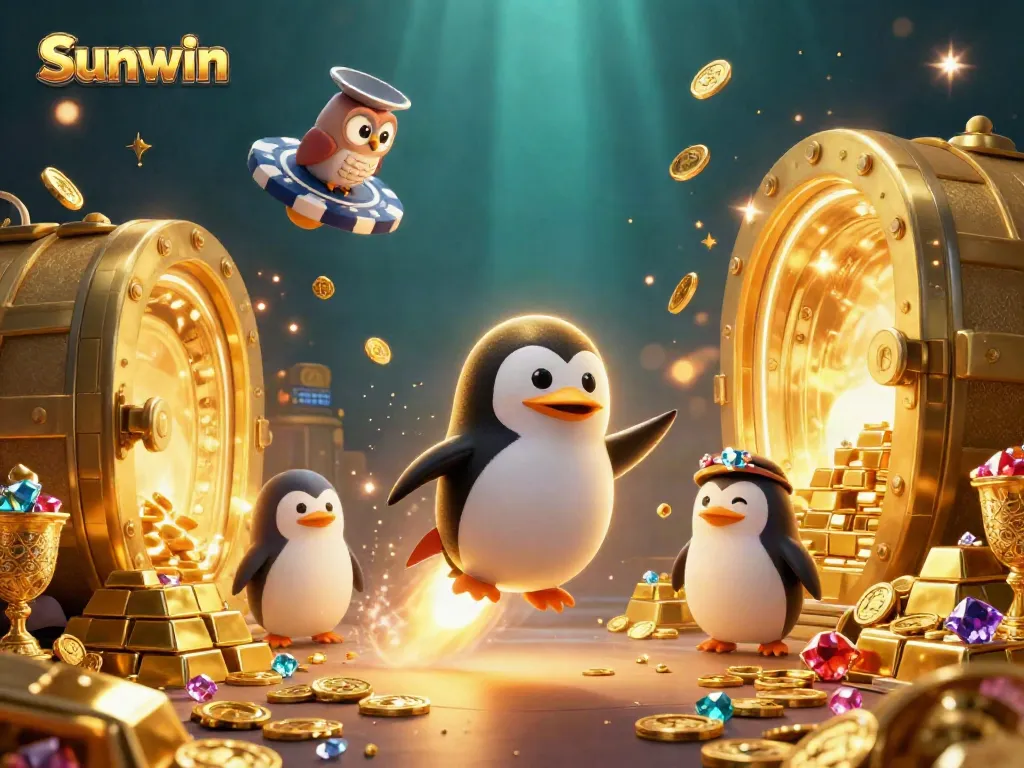 Experience Sunwin's thrilling gaming with golden penguin and casino spaceship in dynamic scene