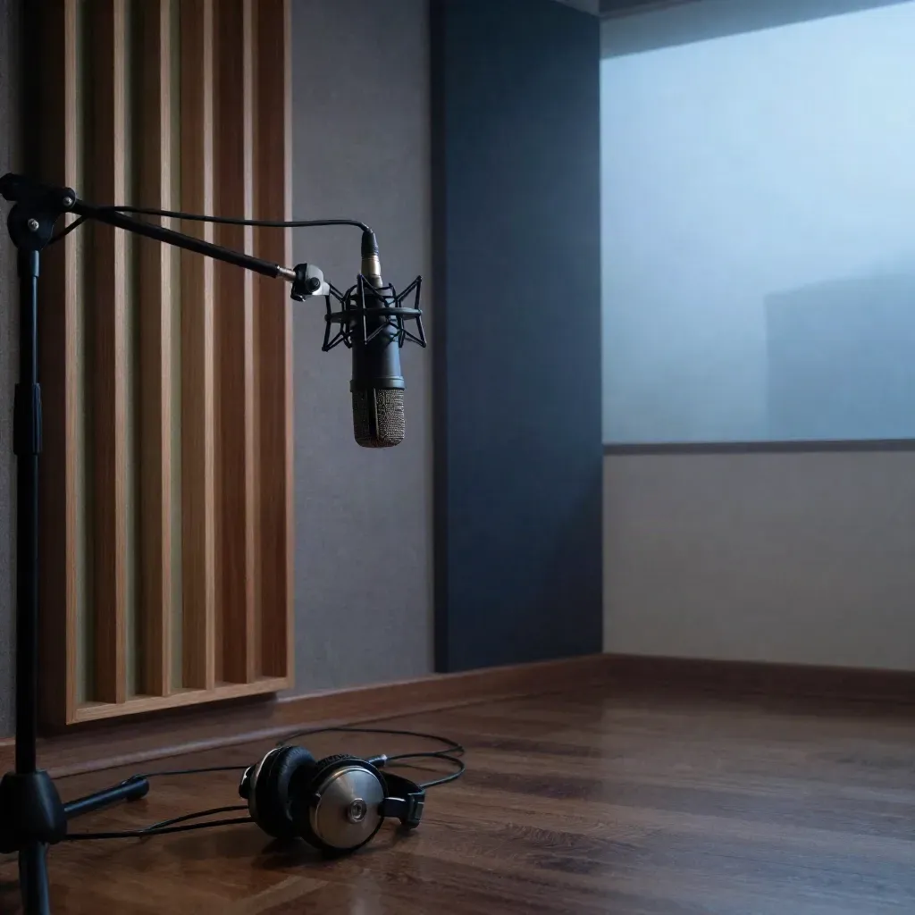 Moody podcast studio corner with mic, headphones and acoustic slats in blue-hour haze.