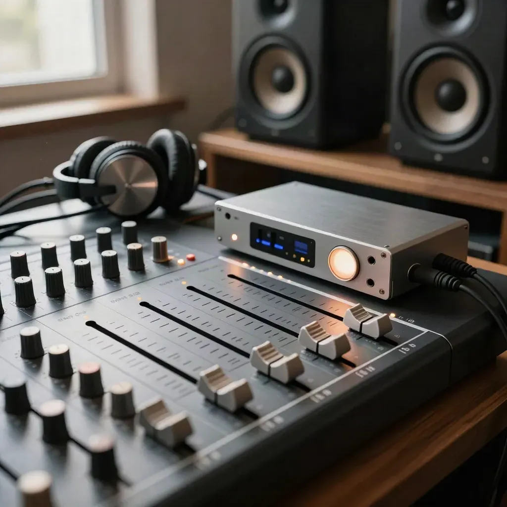 Low close-up of a mixer, headphone amp and twin speakers in a warm podcast edit bay.