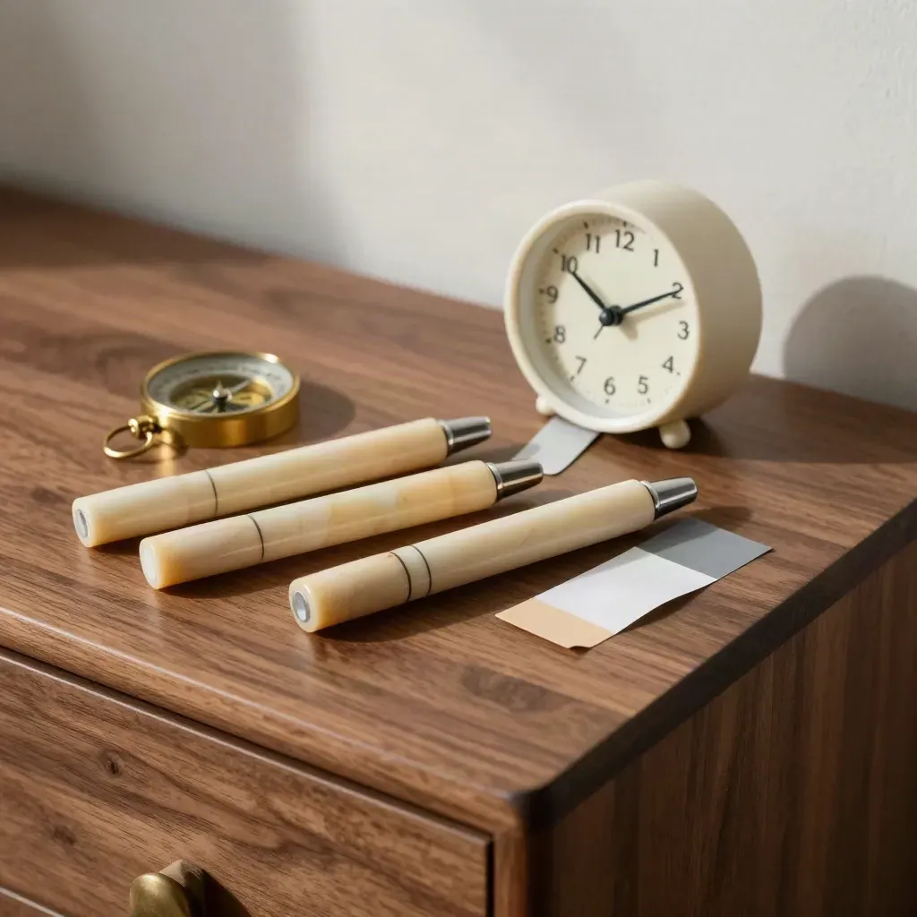 Blank episode markers, brass compass, desk clock and colour tabs on walnut in motion