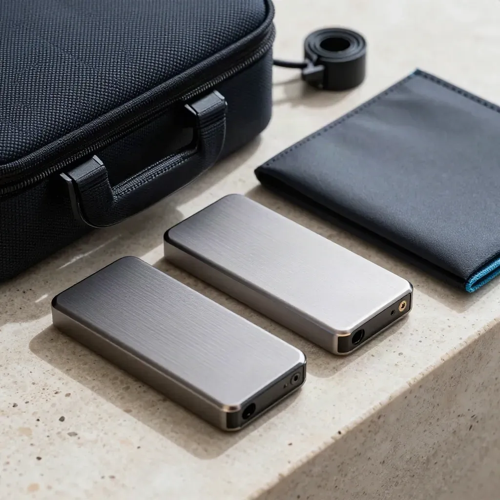 External SSDs and export case on travertine, packed for podcast delivery.