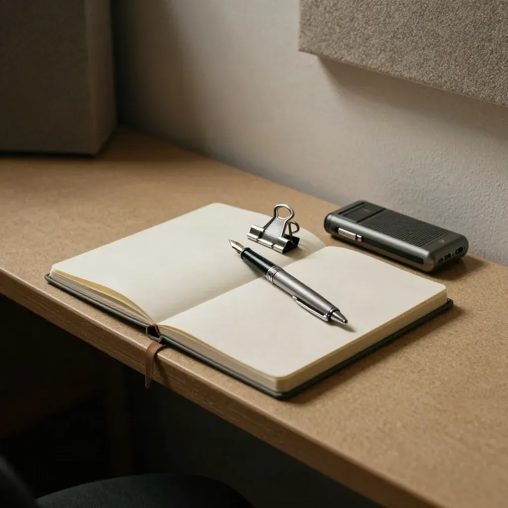 Cream notebook, pen, recorder, and bookmark clip in a moody podcast studio alcove.