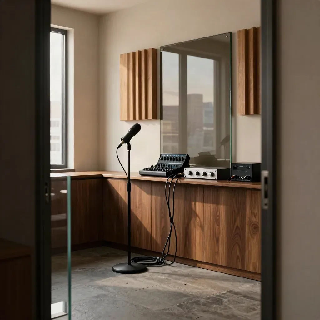 Polished law-office podcast suite with mic, acoustic slats, glass reflections and control gear.