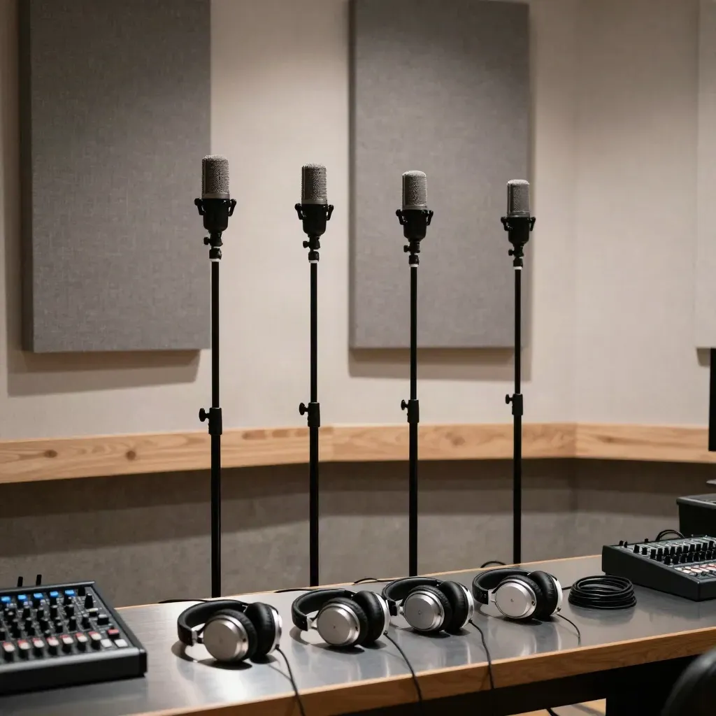 Four podcast mic stands and closed headphones beside a reset edit bench in a bright studio.