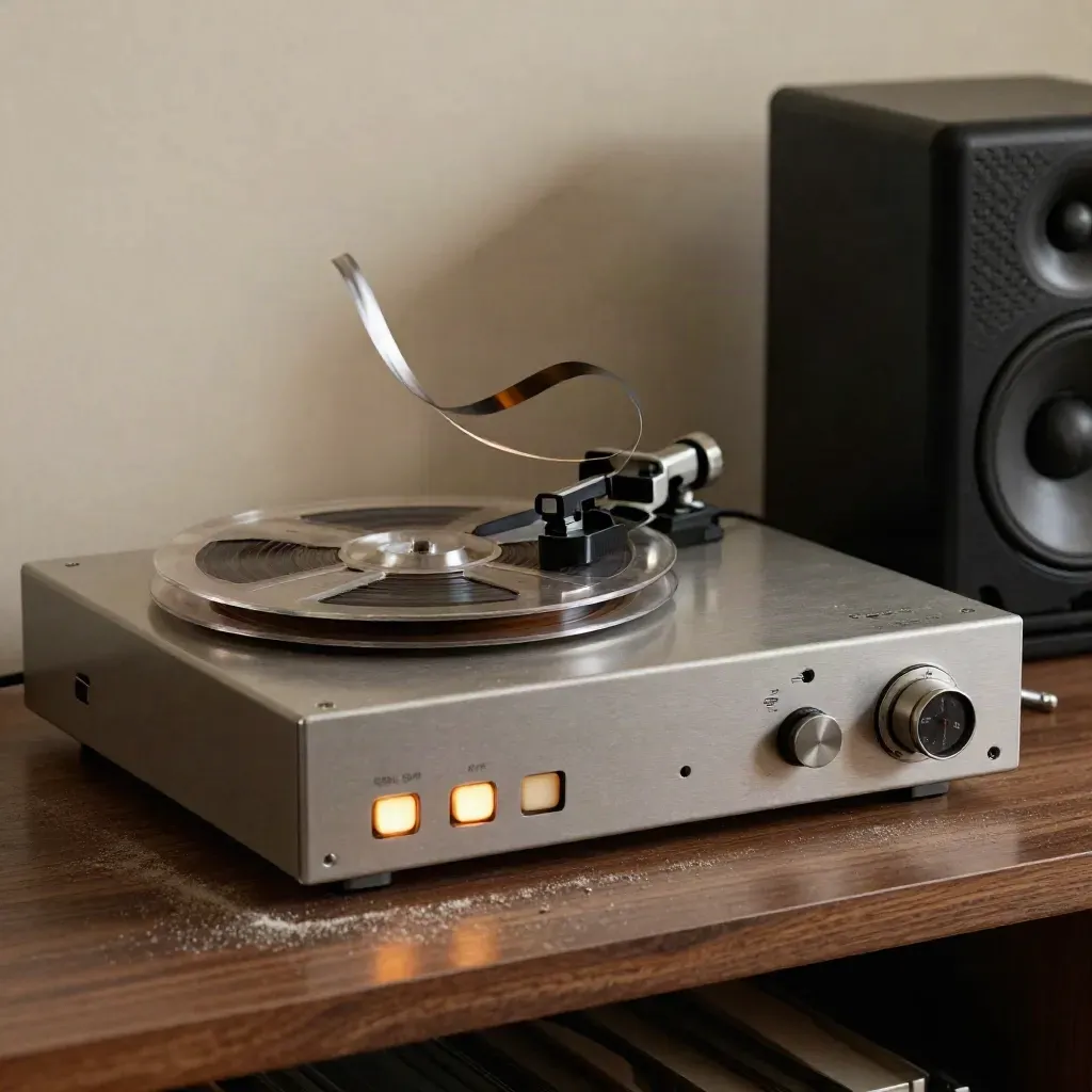 Restored tape reel, de-noise deck, and monitor speaker on a dusty shelf