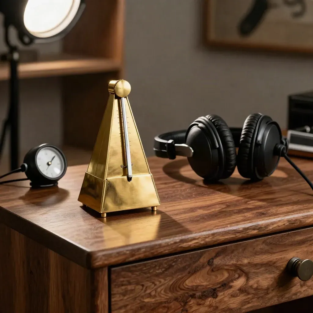 Brass metronome, monitor headphones and black cue light on walnut desk in warm studio light.