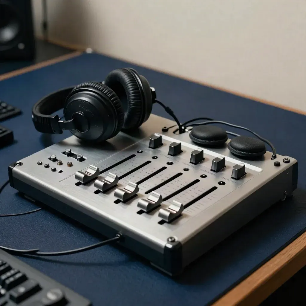 Headphones, repair tools and a fader bank on a brushed metal workbench