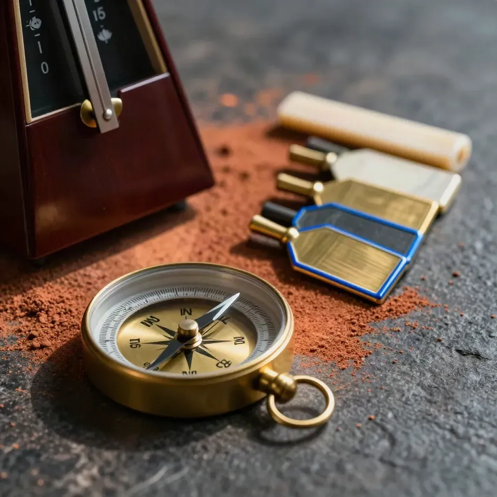 Brass compass, metronome, and roadmap tokens on dark stone with a blue accent.
