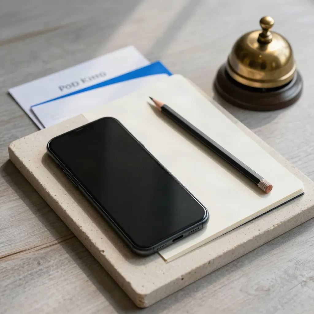 Black phone, notepad, pencil and brass bell on stone tray, with a subtle blue card edge.