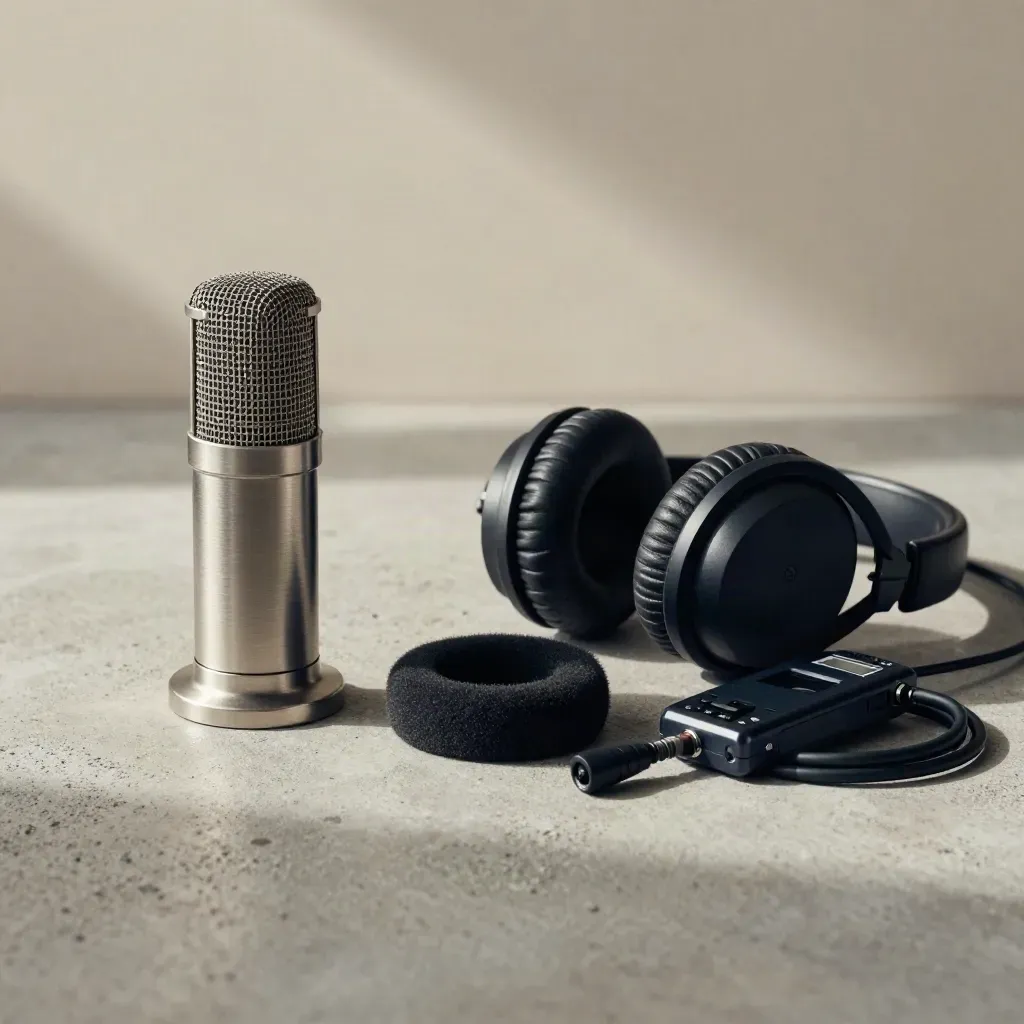 Mic, headphones, pop filter, recorder, and cable on concrete in soft side light.