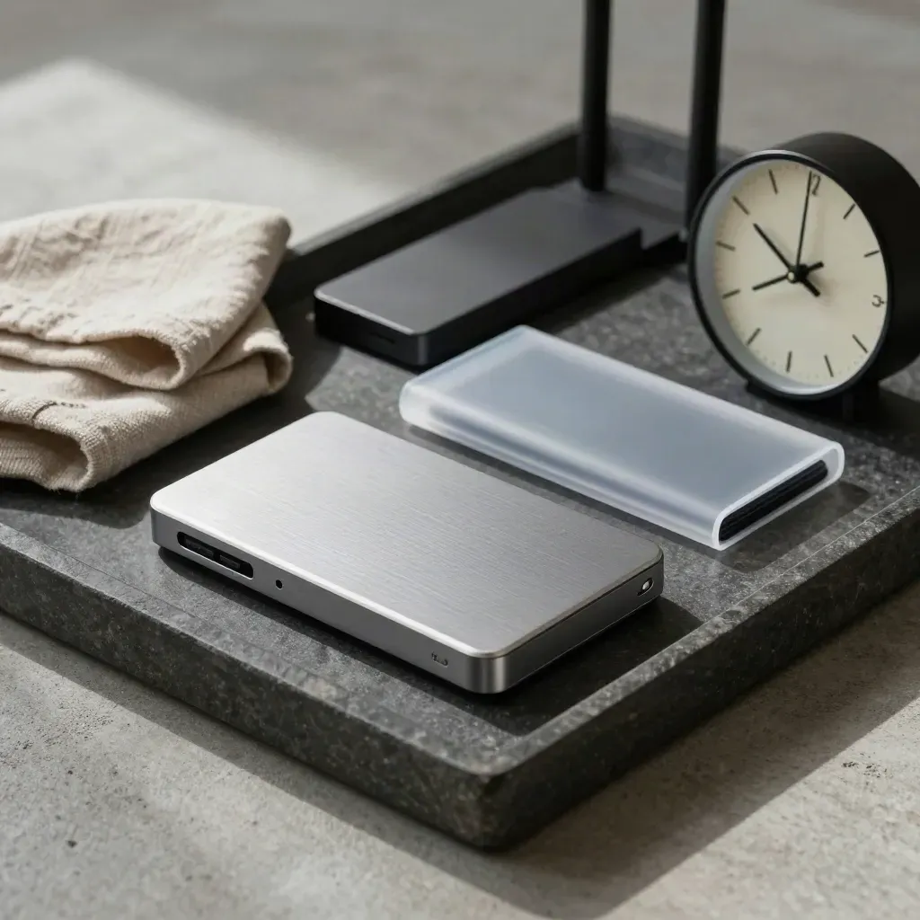 External SSD, backup drive, router, clock and shipping sleeve on a stone tray with linen cloth.