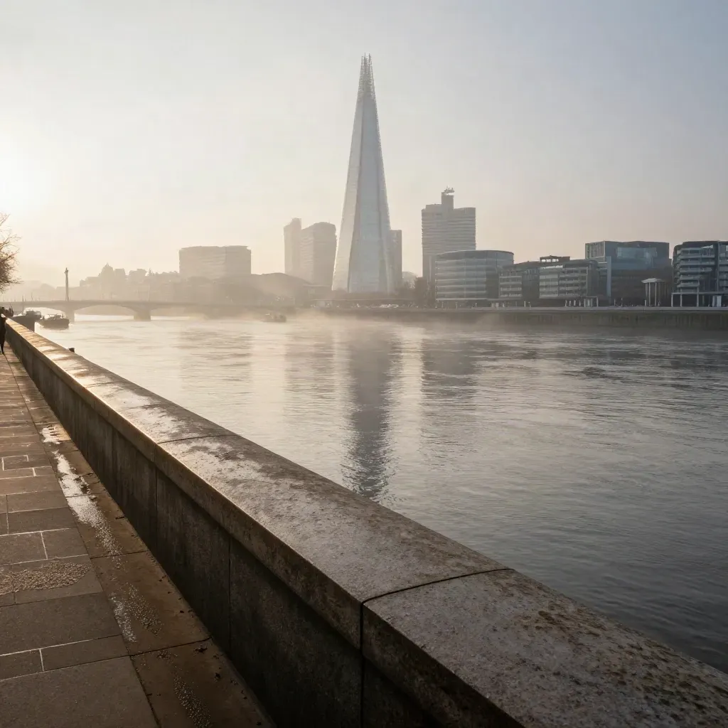 London skyline with the Shard above a misty Thames and calm stone embankment