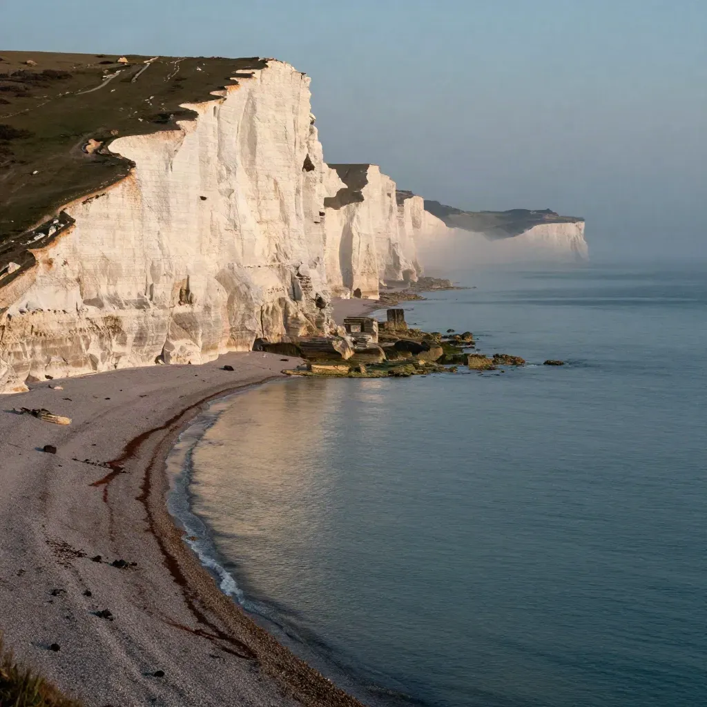 Sunlit white chalk cliffs above a calm hazy Channel under golden light.