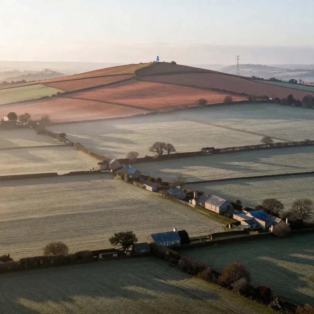 High aerial over misty British fields, rooftops and distant masts under a soft sky