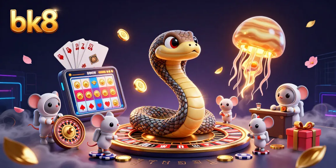 Bet on bk8 as astronaut mice place bets on a roulette-themed Saturn snake while a golden jellyfish floats by.