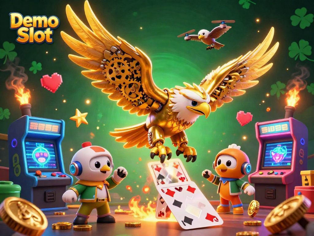 Engage in a thrilling Demo Slot experience with a vibrant 3D casino scene showcasing dynamic characters and game elements.