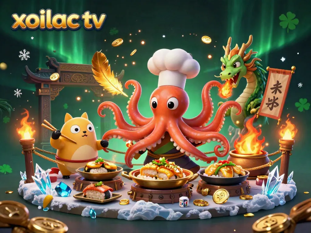 Xoilac TV showcases a vibrant 3D scene with a cartoon octopus chef creating golden dishes, symbolizing winning strategies in online gambling.