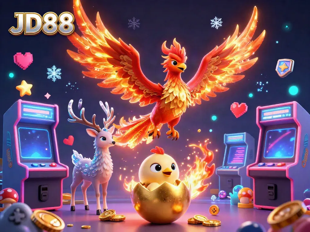 Engage in thrilling gameplay at JD88 with vibrant 3D casino and arcade elements in an exciting scene.