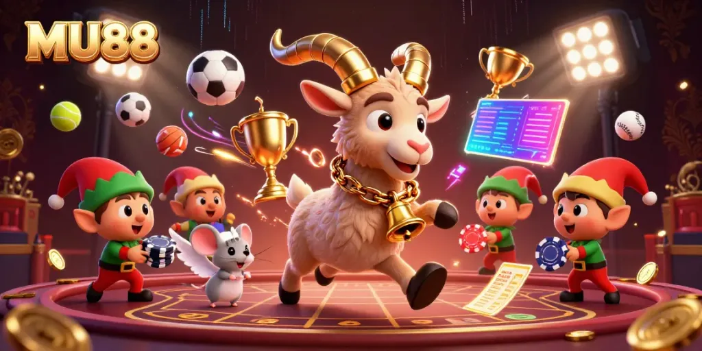 Experience the thrill of MU88 through a vibrant casino scene filled with playful characters and dynamic gaming elements.