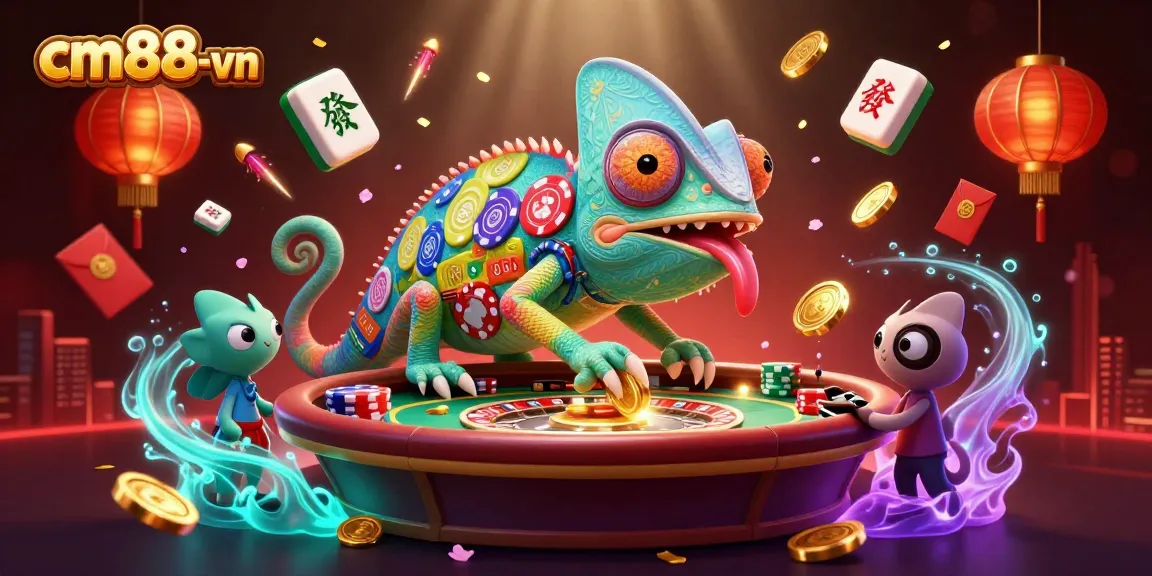 Play exciting games at cm88-vn with a colorful chameleon casino owner snapping up coins.