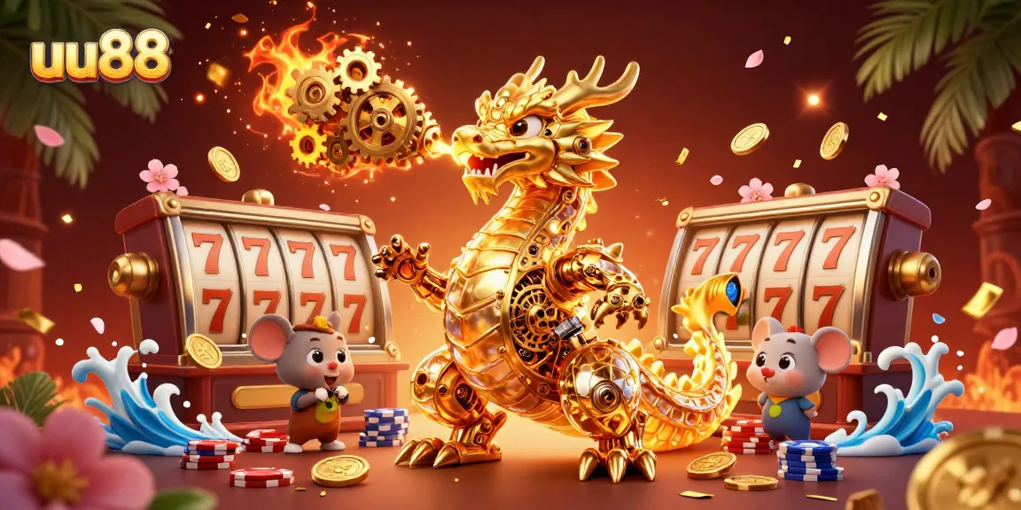 Engage with uu88's vibrant casino action, featuring a golden dragon and dynamic slot reels.