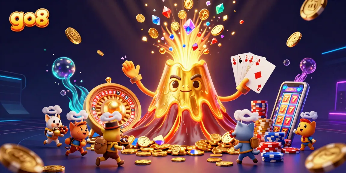 Experience the thrilling action of go 88 in this vibrant 3D casino illustration, showcasing adventures amidst a gold-filled volcano.