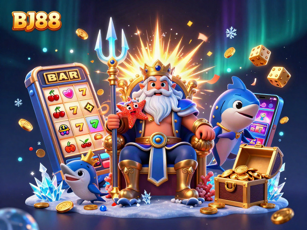 Experience the thrill of BJ88 with this vibrant casino-themed illustration filled with action-packed elements.