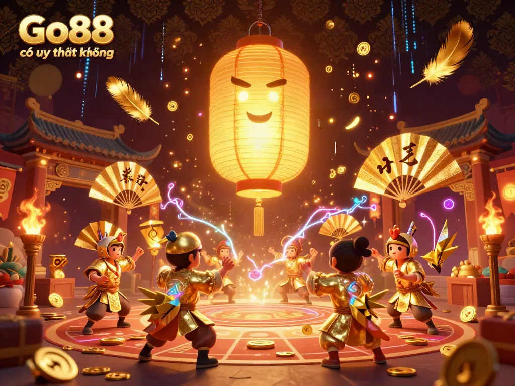 Experience Go88 có uy tín không with this vibrant 3D casino illustration featuring a glowing lantern spirit and warriors.