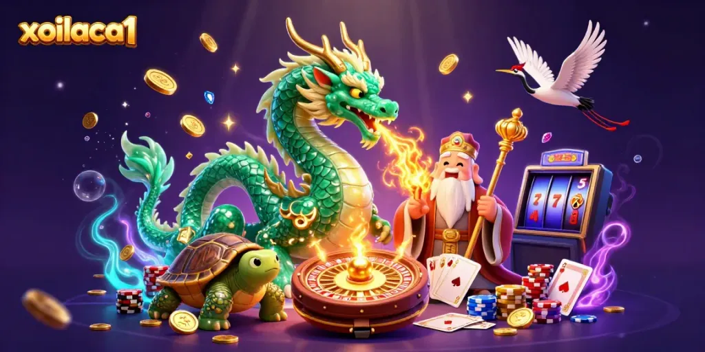 Engage with xoilaca1's dynamic gambling experience with a jade dragon, turtle sage, and lucky cranes.