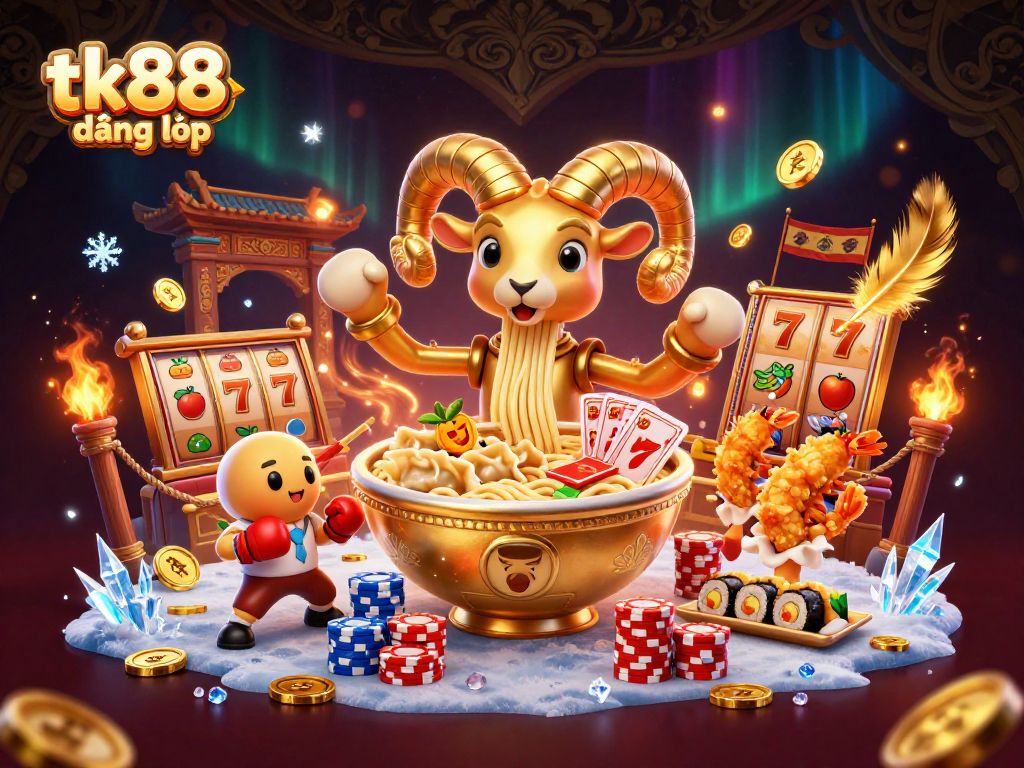 tk88 đăng nhập playful scene with a golden ramen bowl and casino elements in dynamic casino competition