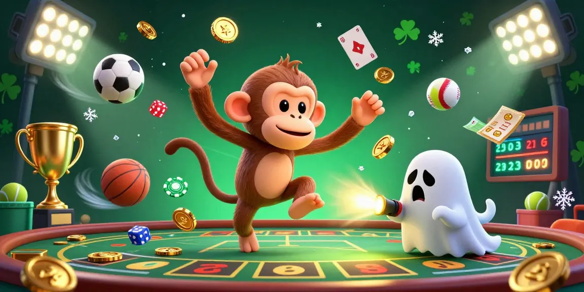 Experience the excitement of 188bet88 in a vibrant casino scene with a mischievous monkey and ghost-hunting puppy.