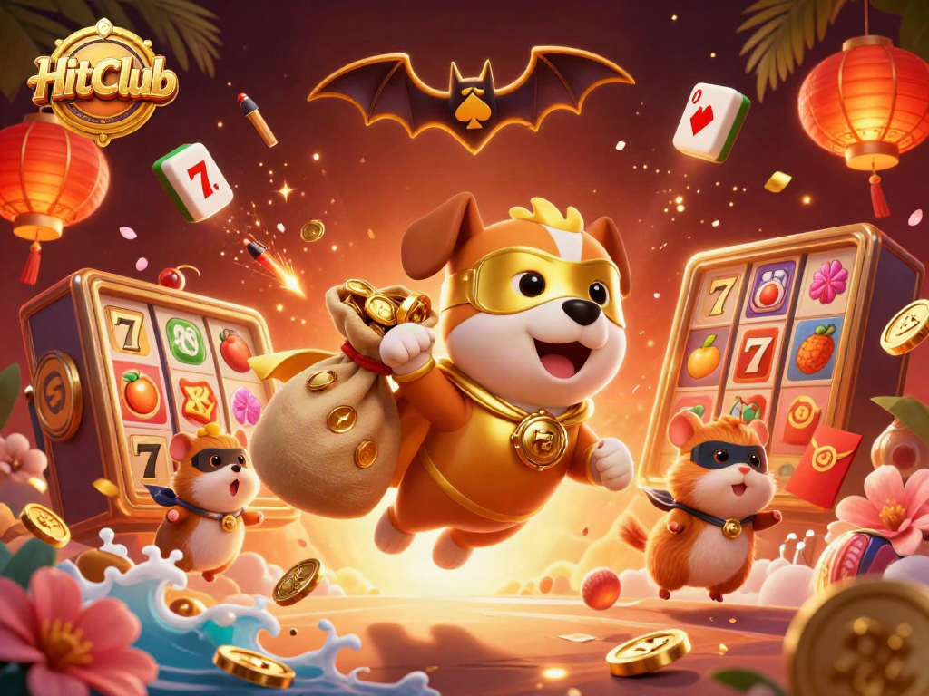 HitClub celebrates with a superhero dog and hamster amidst thrilling casino action, showcasing winning rewards.