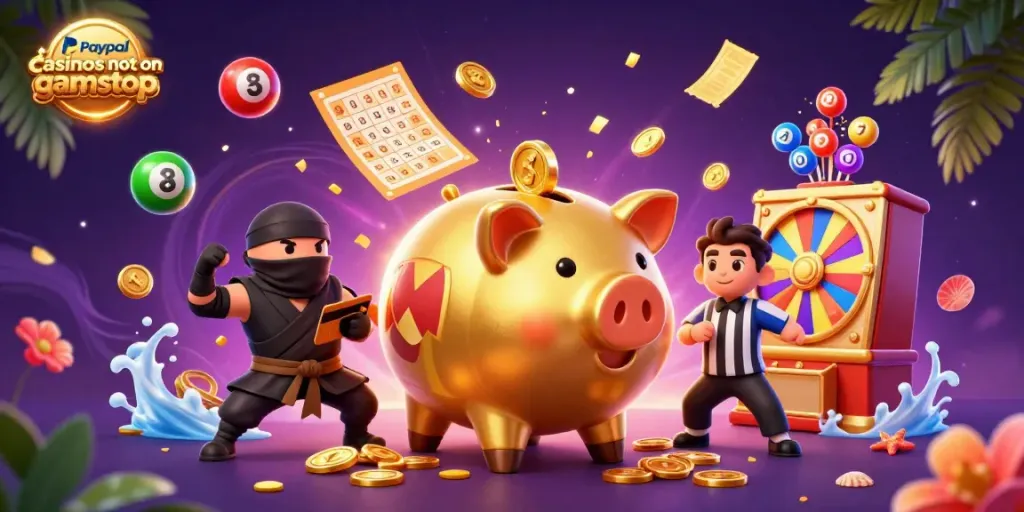 Engaging scene featuring paypal casinos not on gamstop with a piggy bank sumo, ninja wallet, and samurai referee