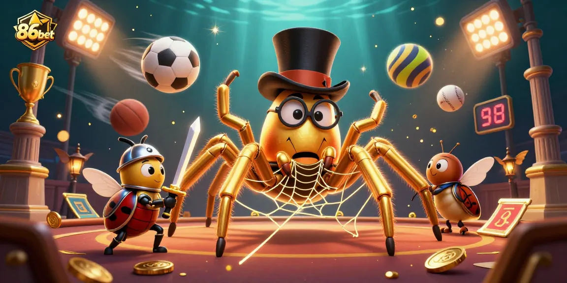 Engage with thrilling moments at 86bet as a brave beetle knight approaches a golden tarantula amidst dynamic sports-themed elements.
