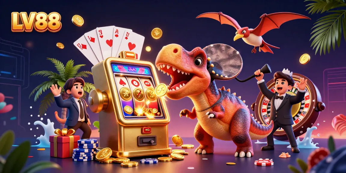 Experience the thrill at LV88 with a dynamic scene of a pachycephalosaurus winning slots, while coins fly around.