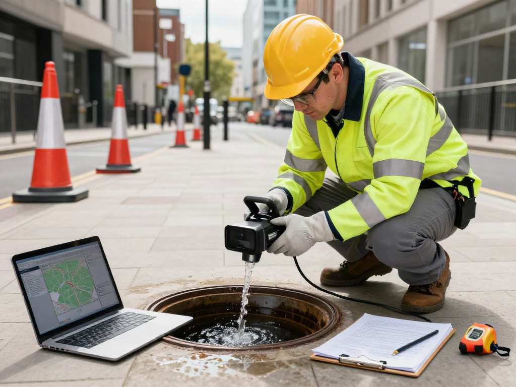 Drainage Survey London: Professional engineer performing a CCTV inspection of urban drainage.