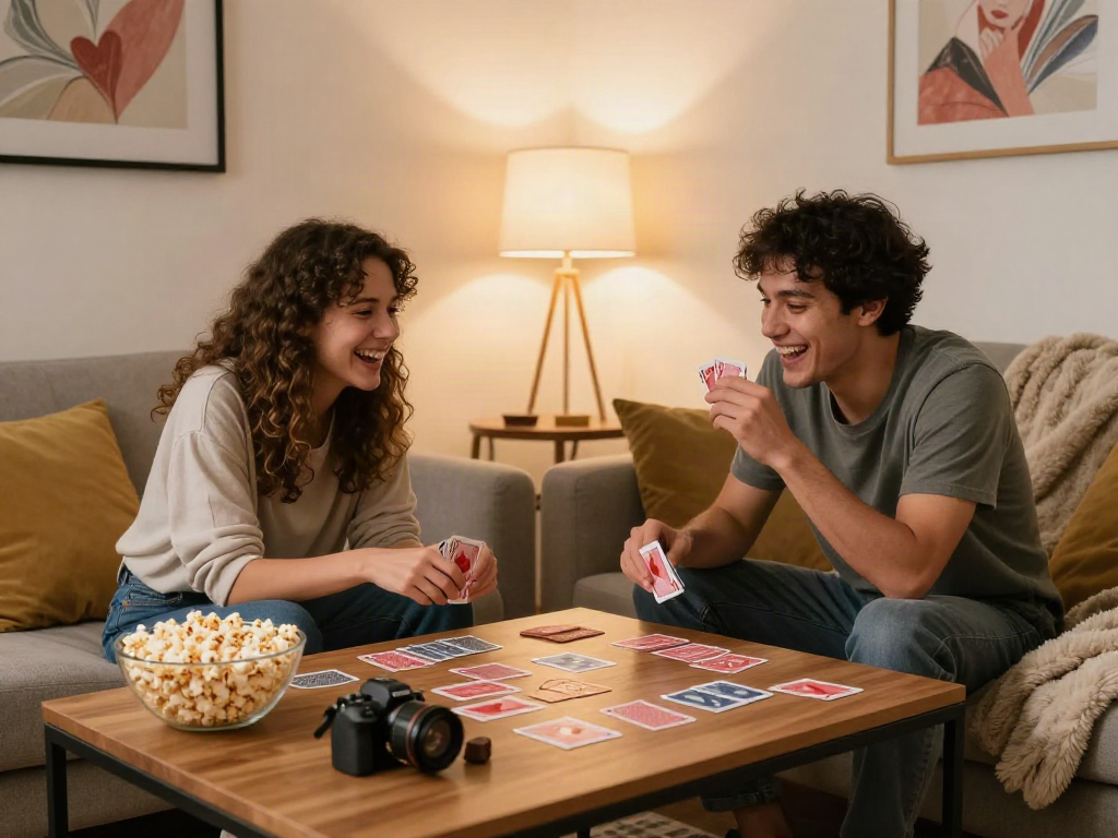 Couples enjoying a fun sex game night in a cozy living room setting.