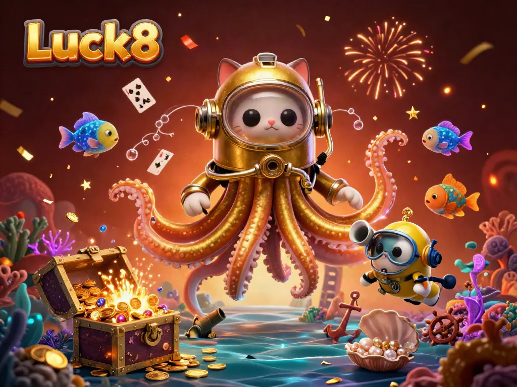 Luck8 casino scene featuring a kraken and diving cat amidst treasure, cards, and vibrant elements.